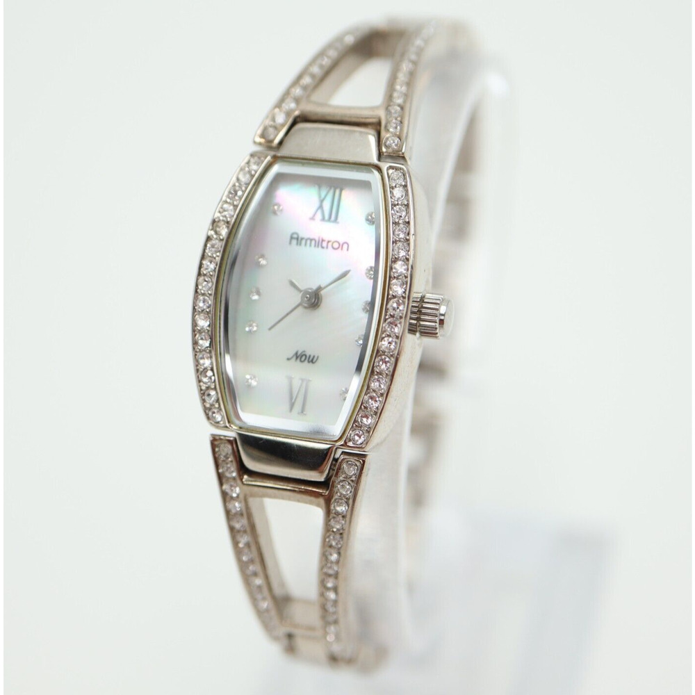 Womens Armitron NOW Silver Tone Watch 18mm Barrel MOP Dial Jewel Bezel Bracelet